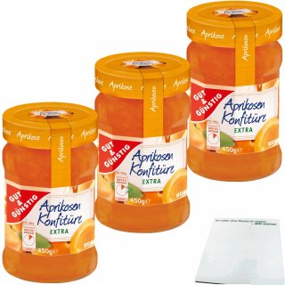 Gut&Günstig Aprikosen Konfitüre extra mit vollem Aprikosen-Aroma und 50% Frucht 3er Pack (3x450g Glas) + usy Block