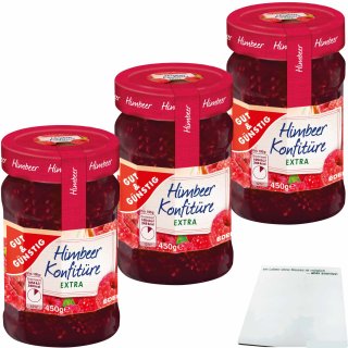 Gut&Günstig Himbeer Konfitüre extra ausgeprägter Himbeergeschmack und 50% Frucht 3er Pack (3x450g Glas) + usy Block