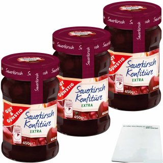 Gut&Günstig Sauerkirsch Konfitüre extra mit 50% Frucht und ganzen Kirschen 3er Pack (3x450g Glas) + usy Block