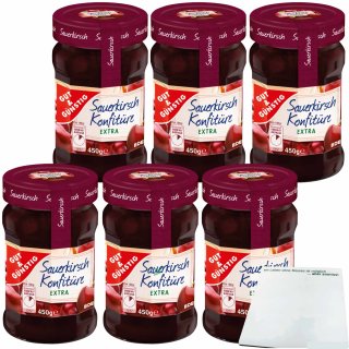 Gut&Günstig Sauerkirsch Konfitüre extra mit 50% Frucht und ganzen Kirschen 6er Pack (6x450g Glas) + usy Block