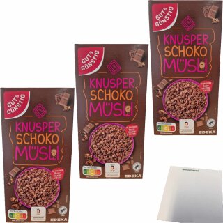 Gut&Günstig Knusper Schoko Müsli mit knusprigen Hafervollkornflocken 3er Pack (3x600g Packung) + usy Block