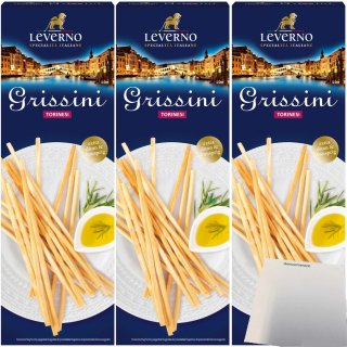 Leverno Grissini Torinesi Italienische Gebäckstangen extra dünn und knusprig 3er Pack (3x125g Packung) + usy Block