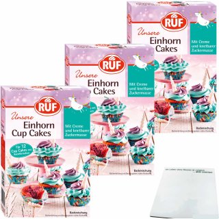 Ruf Einhorn Cup Cakes Backmischung mit Backförmchen Creme und knetbarer Zuckermasse 3er Pack (3x365g Packung) + usy Block