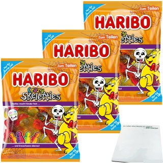 Haribo Crazy Skeletties Süß und Sauer Fruchtgummi 3er Pack (3x160g Packung) + usy Block