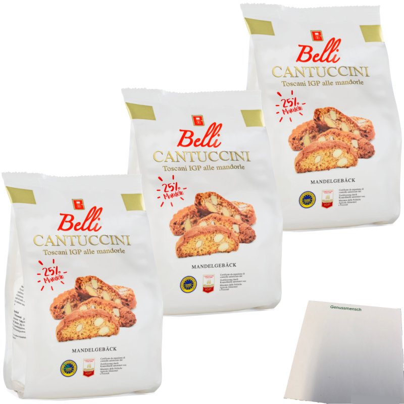 Belli Cantuccini Gebäck mit 25% Mandeln 3er Pack (3x250g Beutel) + us