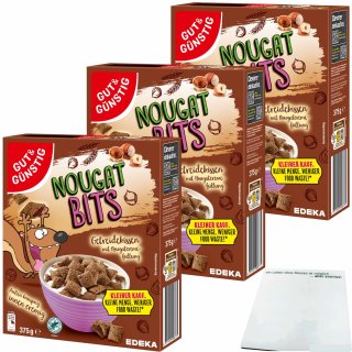 Gut&Günstig Nougat Bits Getreidekissen mit cremiger Nougatfüllung 3er Pack (3x375g Packung) + usy Block