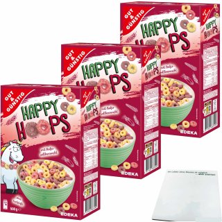 Gut&Günstig Happy Hoops Cerealien Ringe mit Fruchtgeschmack 3er Pack (3x500g Packung) + usy Block