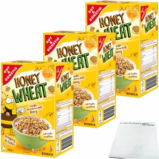 Gut&Günstig Honey Wheat gepuffte Weizenpops mit Honig gesüßt 3er Pack (3x750g Packung) + usy Block