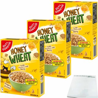 Gut&Günstig Honey Wheat gepuffte Weizenpops mit Honig gesüßt 3er Pack (3x375g Packung) + usy Block