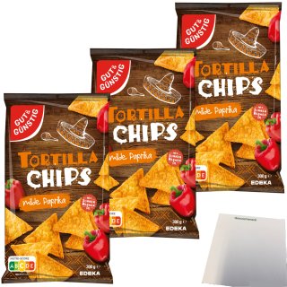 Gut&Günstig Tortillachips Mais-Chips mit Paprikageschmack 3er Pack (3x300g Packung) + usy Block