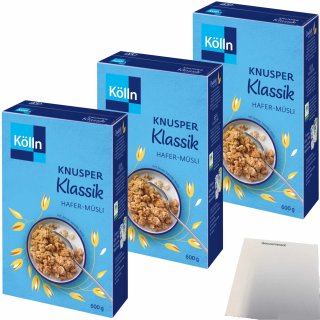 Kölln Knusper Müsli Klassik mit Hafer-Vollkornflocken und feiner Vanille-Note 3er Pack (3x600g Packung) + usy Block