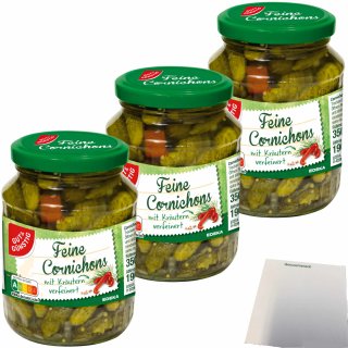 Gut&Günstig Cornichons mit Kräutern fein-würzig kleine feine Gurkensortierung 3er Pack (3x190g ATG) + usy Block