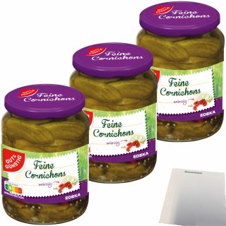 Gut&Günstig Cornichons würzig-pikant kleine feine Gurkensortierung 3er Pack (3x670g Glas) + usy Block