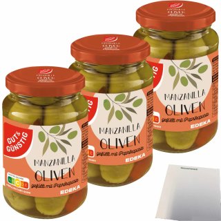 Gut&Günstig Gefüllte Manzanilla Oliven entsteint gefüllt mit Paprikapaste 3er Pack (3x340g Glas) + usy Block