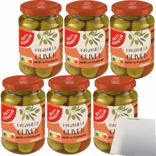 Gut&Günstig Gefüllte Manzanilla Oliven entsteint gefüllt mit Paprikapaste 6er Pack (6x340g Glas) + usy Block