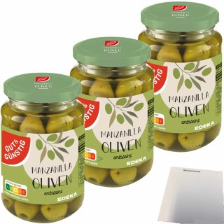 Gut&Günstig Manzanilla Oliven grün entsteint 3er Pack (3x340g Glas) + usy Block