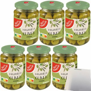 Gut&Günstig Manzanilla Oliven grün entsteint 6er Pack (6x340g Glas) + usy Block