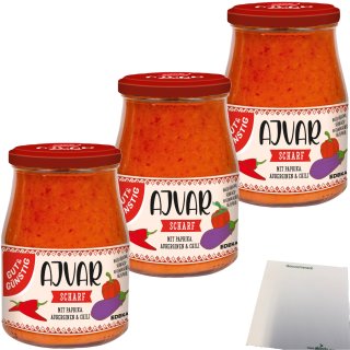 Gut&Günstig Ajvar scharf mit Paprika und Auberginen 3er Pack (3x340ml Glas) + usy Block
