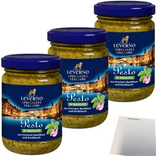 Leverno Pesto di Basilico aus frischem Basilikum und Knoblauch 3er Pack (3x130g Glas) + usy Block