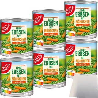 Gut&Günstig Junge Erbsen mit Möhrchen extra fein 6er Pack (6x800g Dose) + usy Block