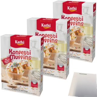 Kathi Backmischung für Konfetti Muffins mit buntem Dekor und Förmchen 3er Pack (3x420g Packung) + usy Block