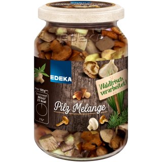 EDEKA Pilz Melange waldfrisch Mischung aus Pﬁfferlingen Shiitake Kräuterseitlinge Champigons (290g Glas)