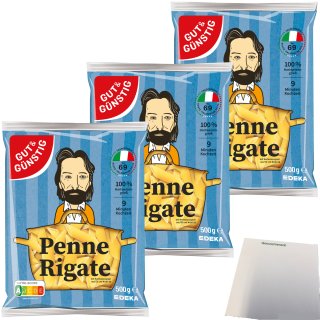 Gut&Günstig Nudeln Penne Rigate Pasta aus Italien 3er Pack (3x500g Packung) + usy Block