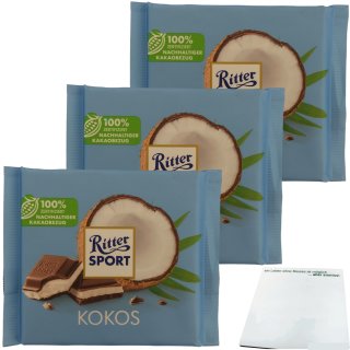 Ritter Sport Kokos Vollmilchschokolade mit Kokos-Creme 3er Pack (3x100g Packung) + usy Block
