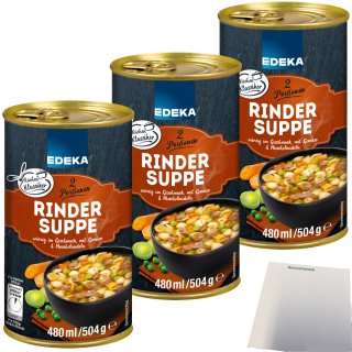 Edeka Rindersuppe würzig im Geschmack mit Muschelnudeln und extra viel Gemüse 3er Pack (3x480ml Dose) + usy Block