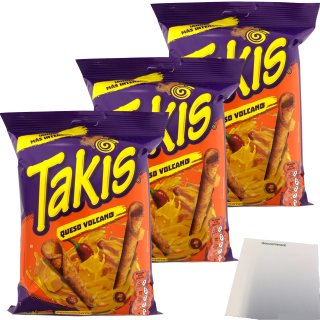 Takis Queso Volcano gerollte Maischips mit Chili-Käse-Geschmack 3er Pack (3x140g Packung) + usy Block