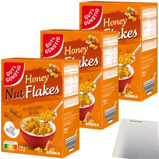 Gut&Günstig Honey Nut Flakes super knusprig 3er Pack (3x750g Packung) + usy Block