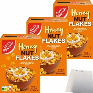 Gut&Günstig Honey Nut Flakes super knusprig 3er Pack (3x750g Packung) + usy Block