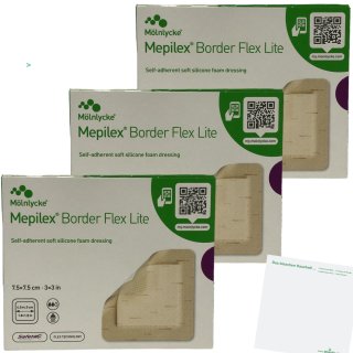 Mölnlycke Mepilex Border Flex Lite selbsthaftender Schaumverband Wundpflaster 7,5x7,5 cm 3er Pack (3x5 Stück Packung) + usy Block