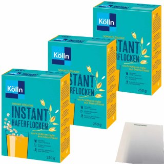 Kölln Instant Hafer-Flocken 100% Vollkorn 3er Pack (3x250g Packung) + usy Block