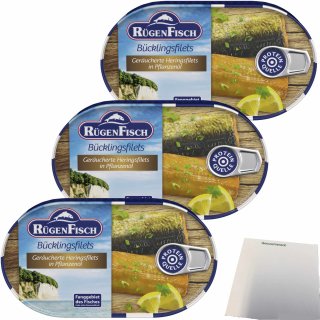 RügenFisch Bücklingsfilets in feinem Pflanzenöl und Eigensaft 3er Pack (3x200g Konserve) + usy Block