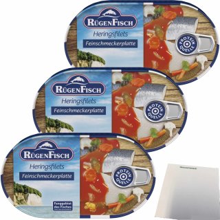 Rügenfisch Feinschmecker Platte, Heringsfilet mit feinem Gemüse 3er Pack (3x200g Dose) + usy Block