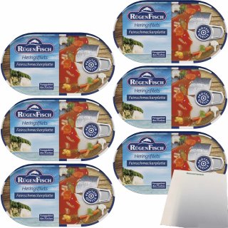 Rügenfisch Feinschmecker Platte, Heringsfilet mit feinem Gemüse 6er Pack (6x200g Dose) + usy Block