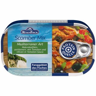 Rügenfisch Scomber-Mix Mediterraner Art, Makrelenfilets zerkleinert mit Tomaten und Oliven in Tomatensauce (120g Dose)