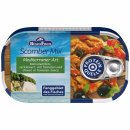 Rügenfisch Scomber-Mix Mediterraner Art, Makrelenfilets zerkleinert mit Tomaten und Oliven in Tomatensauce (120g Dose)