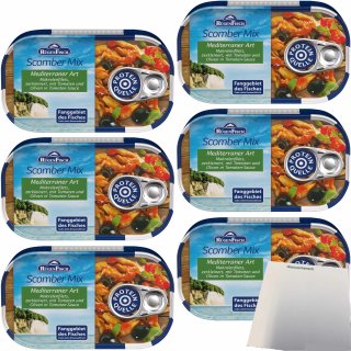 Rügenfisch Scomber-Mix Mediterraner Art, Makrelenfilets zerkleinert mit Tomaten und Oliven in Tomatensauce 6er Pack (6x120g Dose) + usy Block