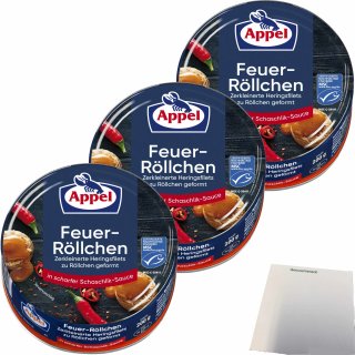 Appel Feuer Röllchen Zerkleinerte Heringsfilets zu Röllchen geformt in scharfer Schaschlik-Sauce 3er Pack (3x200g Dose) + usy Block