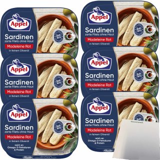 Appel Sardinen zarte Filets ohne Haut Madeleine Rot in feinem Olivenöl 6er (6x105g Dose) + usy Block