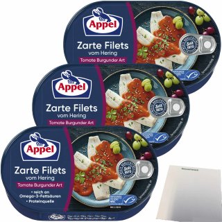 Appel Zarte Filets vom Hering Tomate Burgunder Art 3er Pack (3x200g Dose) + usy Block