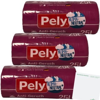 Pely Klimaneutral Anti Geruch Müllbeutel praktisch mit Zugband 25 Liter 3er Pack (3x14 Stück) + usy Block