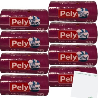 Pely Klimaneutral Anti Geruch Müllbeutel praktisch mit Zugband 25 Liter 8er Pack (8x14 Stück) + usy Block
