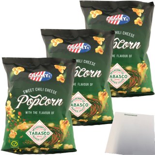 Jimmys Sweet-Chili Cheese Popcor mit Tabasco 3er Pack (3x90g Packung) + usy Block