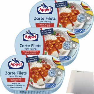 Appel Zarte Filets vom Hering Leidenschaft Mango-Chili 3er Pack (3x200g Dose) + usy Block