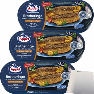 Appel Bratheringe filetiert & goldbraun gebraten in würzigem Aufguss 3er Pack (3x325g Dose) + usy Block