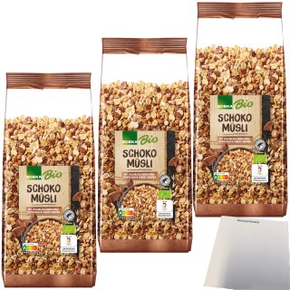 Edeka Bio Schoko Müsli mit Vollmilchschokoladenstückchen und Kakao-Nips 3er Pack (3x750g Packung) + usy Block