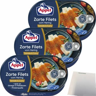 Appel Zarte Filets vom Hering Tomate & Curry 3er Pack (3x200g Dose) + usy Block